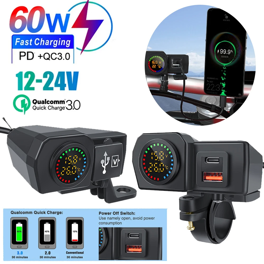 60w รถจักรยานยนต์ QC3.0 PD Charger Socket USB Type-C Fast Charging ปลั๊กชาร์จรถจักรยานยนต์โวลต์มิเตอร์เครื่องวัดอุณหภูมิดิจิตอลจอแสดงผล