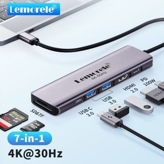 Lemorele TC45 SD/TF ประเภท C ถึง HDMI 7in1 อะแดปเตอร์ Mini Hub dongle ขยายสําหรับ Macbook โน้ตบุ๊คมื