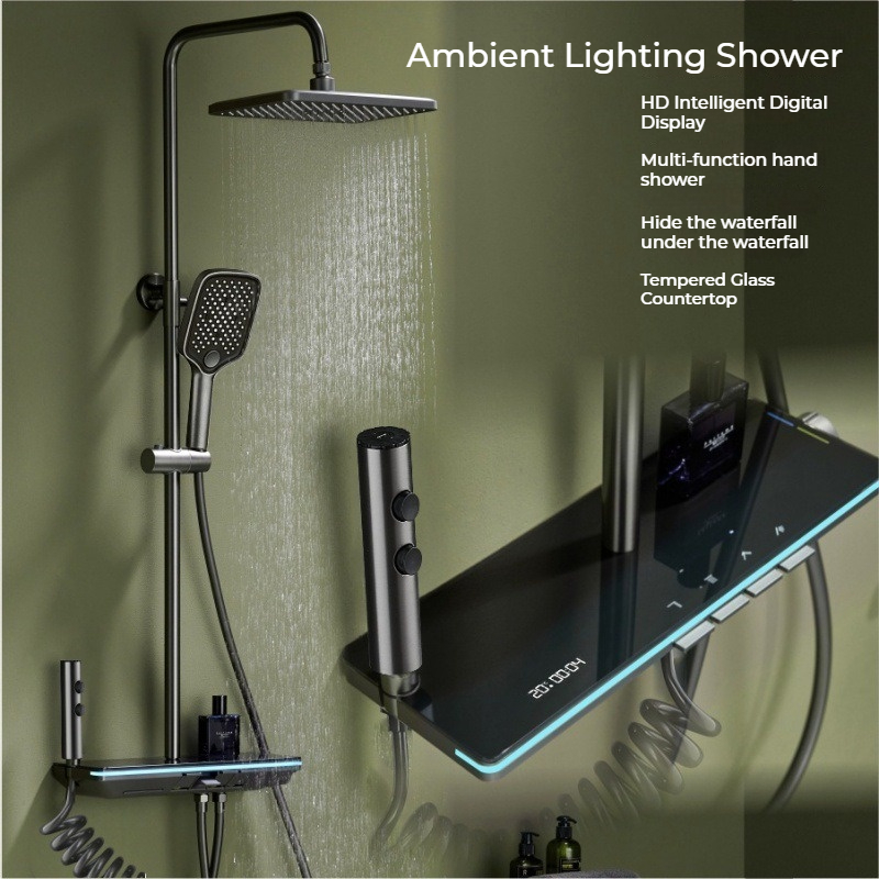 DDhome ชุดหัวฝักบัวเทอร์โมสแตติก, ไฟรอบข้างทองแดงเต็มห้องน้ํา, หัวฉีดแรงดันจอแสดงผลดิจิตอล