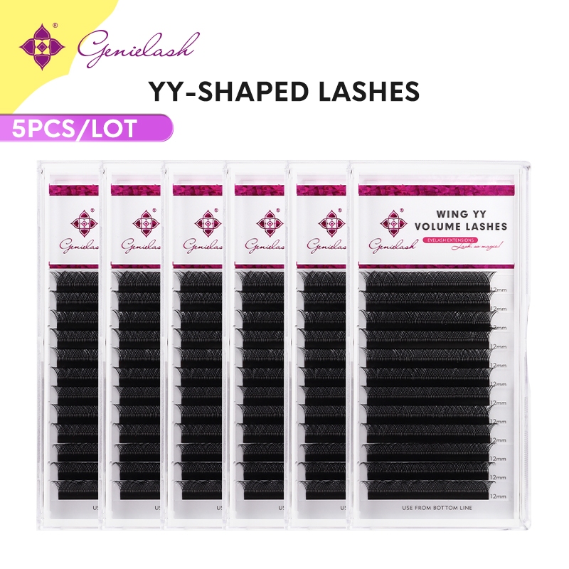 Genielash 5PCS YY รูปร่างขนตา 12Rows 0.07 C/D/D + Curl Professional Volume Eyelashes เคล็ดลับคู่ Premade พัดลม Lash Extensions