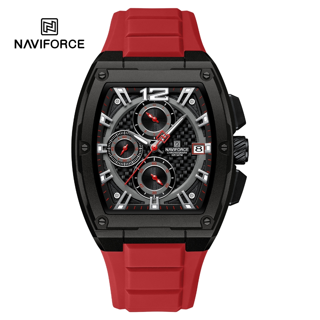 Naviforce 8050 Tonneau-shaped Skeletonized Mechanical Wind Multi-function Weather สายซิลิโคนนาฬิกาผู้ชาย