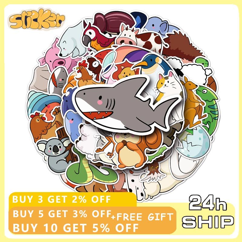 50pcs น่ารักการ์ตูนสัตว์สติกเกอร์ Original Simple Drawing สัตว์ Graffiti Decal สติกเกอร์ PVC