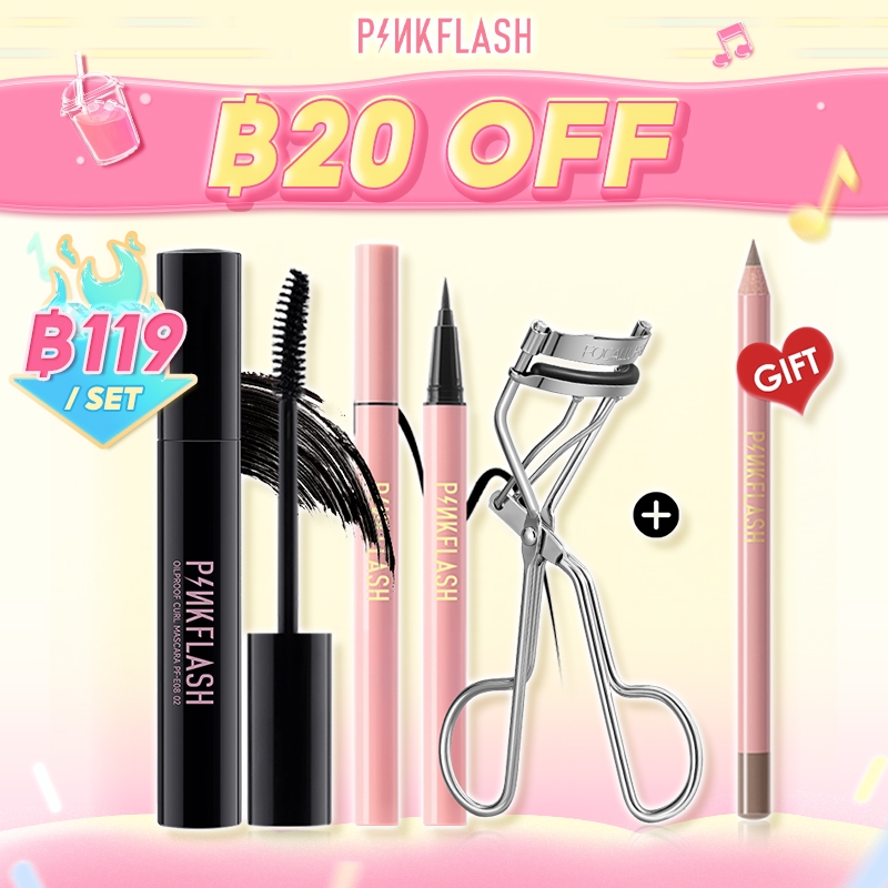Pinkflash 4 ชิ้น แต่งตา ชุดมาสคาร่า กันน้ํา ติดทนนาน อายไลเนอร์สีดํา + [ฟรีของขวัญ] ดินสอเขียนคิ้ว 1 ชิ้น