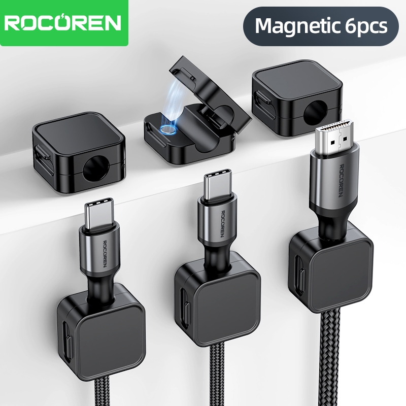 Rocoren 6 ชิ้นสแควร์แม่เหล็กคลิปสายเคเบิลโต๊ะการจัดการสายเคเบิลกาวลวดผู้ถือ Keeper Organizer สําหรับ Office Home