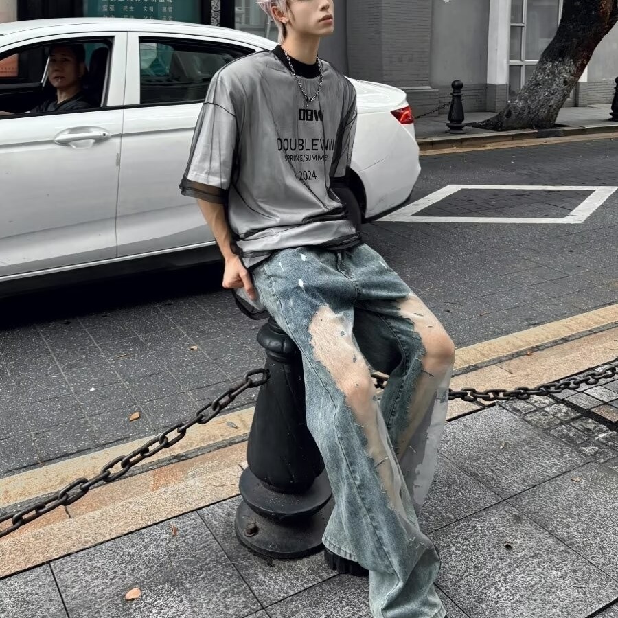 M-3xl High Street แฟชั่นอินเทรนด์ Hollow Destruction Design Sense คู่กางเกงยีนส์ผู้ชายผู้หญิงฤดูใบไม้ร่วง Street สวมใส่ Retro Gradient Casual ตรงกว้างขา Trou