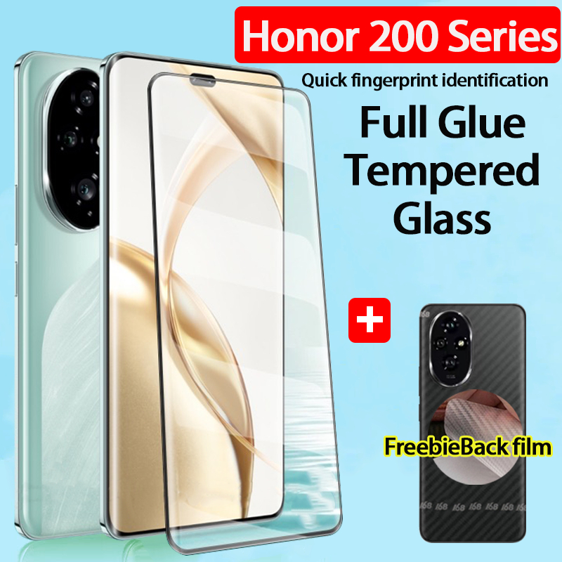 Honor 200 Pro กระจกนิรภัย Honor 200 5G ป้องกันหน้าจอกาวเต็มกระจกหน้าจอโค้งพร้อม Freebie ฟิล์มด้านหลังคาร์บอนไฟเบอร์
