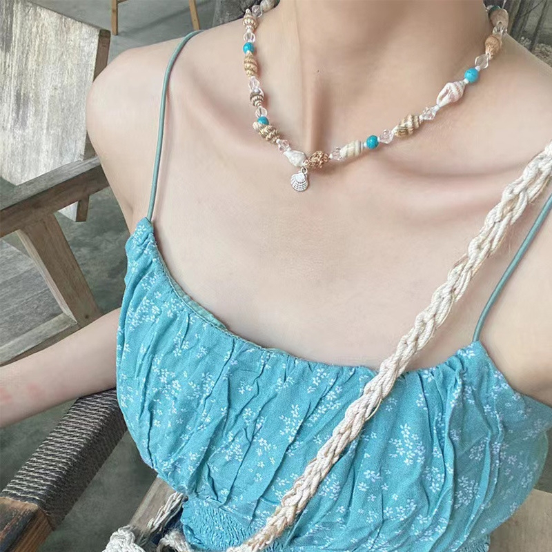 Handmade Conch Turquoise Shell สร้อยคอลูกปัดสร้อยคอ Beach Choker สําหรับผู้หญิง Boho เครื่องประดับของขวัญแฟชั่นลูกปัดสีฟ้า