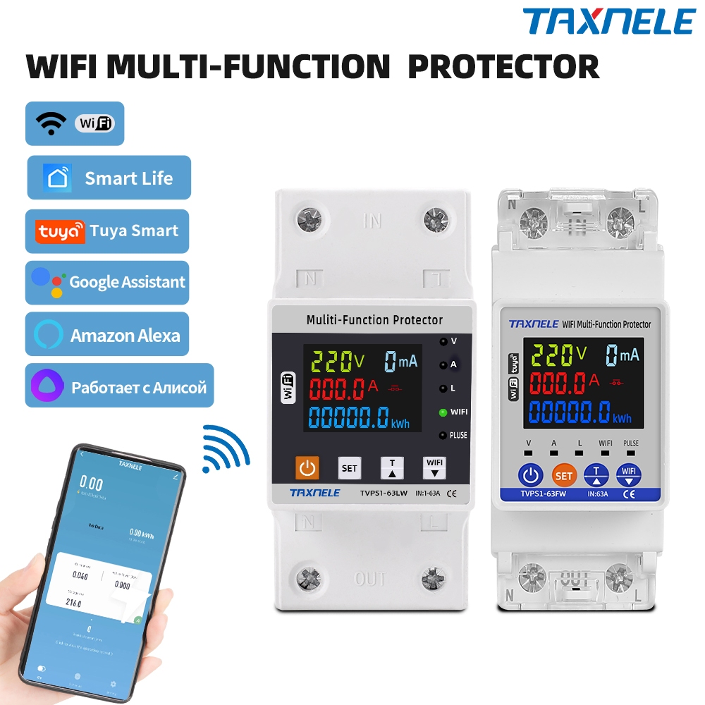 Taxnele 63A TUYA WiFi Smart Earth Leakage Voltage Protector Circuit Breaker Energy Power kWh Meter