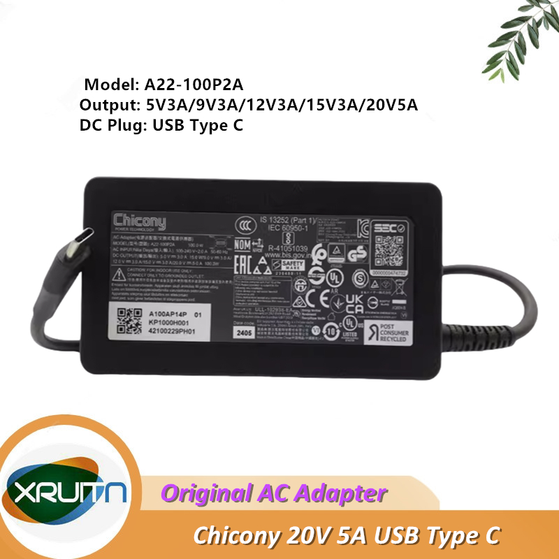 Original Chicony A22-100P2A 20V 5A 100W AC Adapter Charger TYPE-C A100AP14P แล็ปท็อปแหล่งจ่ายไฟของแท