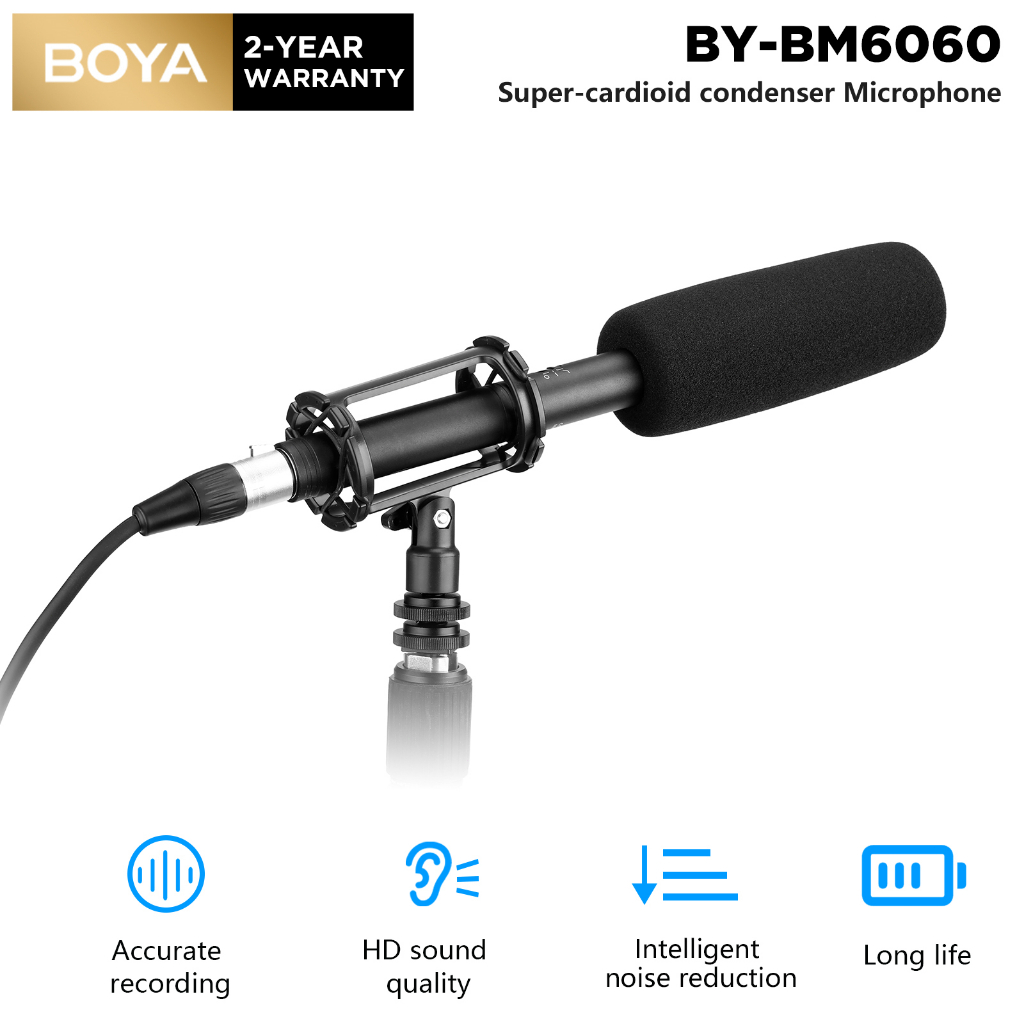 BOYA BY-BM6060 Shotgun Microphone ไมโครโฟน Super-Cardioidสําหรับฟิล์มกล้องสัมภาษณ์ การบันทึกกลางแจ้ง