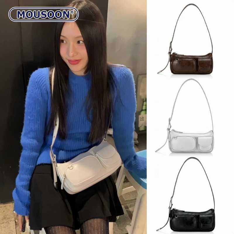 Mousoon เกาหลีใต้กระเป๋าสะพายหญิง Ins Niche บุคลิกภาพสาวร้อนรถจักรยานยนต์ Retro น้ํามันขี้ผึ้งผิว Crossbody กระเป๋าใต้วงแขน