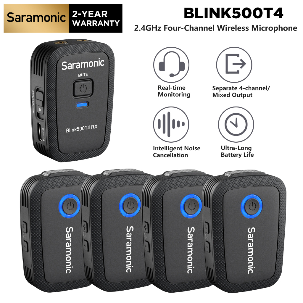 Saramonic Blink500T4 ไมโครโฟนไร้สาย 4 ช่องพร้อมการบันทึกอิสระ 4 ช่องสำหรับกล้องสมาร์ทโฟนแล็ปท็อป