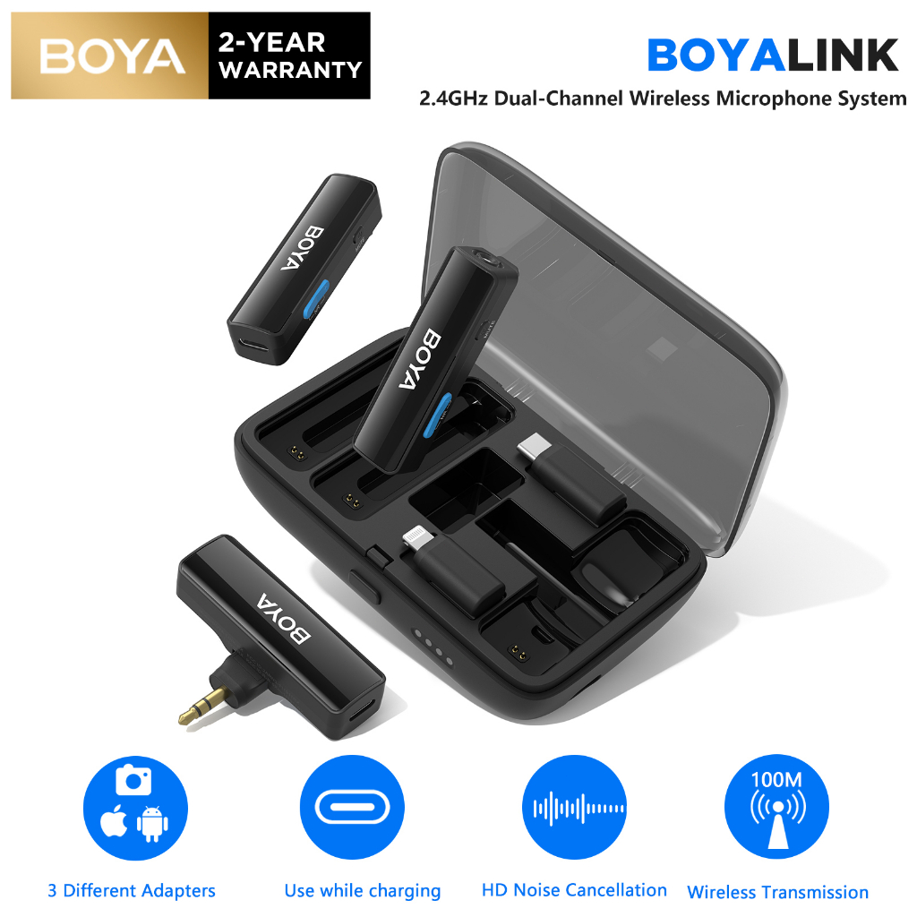 BOYA BOYALINK ไมโครโฟนไร้สายแบบหนีบเสื้อพร้อมเคสชาร์จอะแดปเตอร์ TRSUSB-C ขนาด 3.5 มม. แบบ Lightning