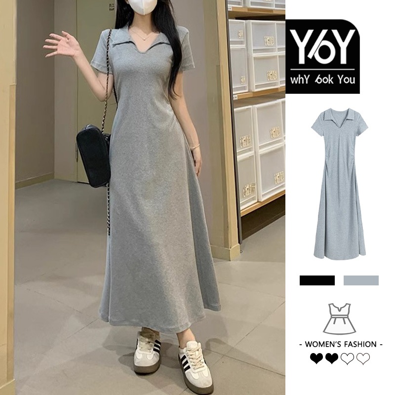 Y6y สีเทาอารมณ์ POLO คอปกแขนสั้นถักสุภาพสตรีชุด C6L43438 (สีเทา)
