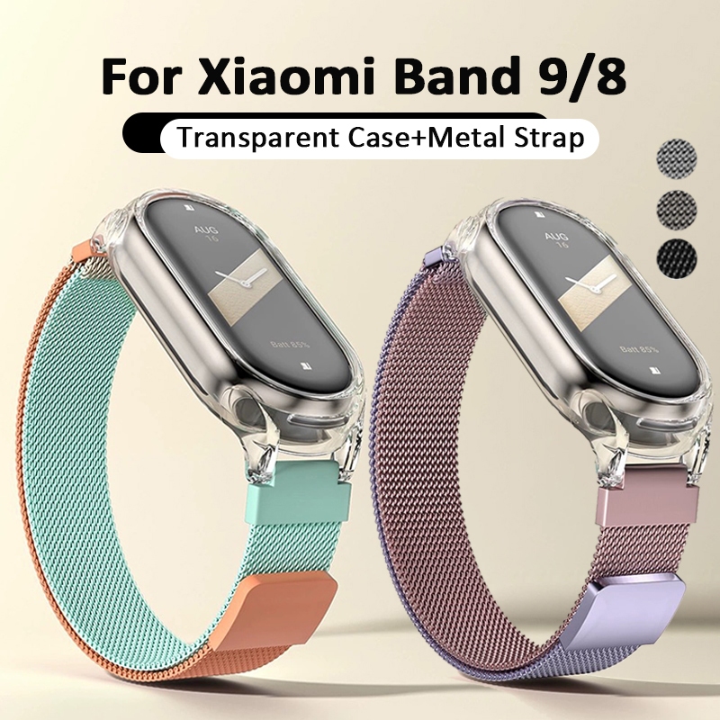 2 in 1 Case + Strap สําหรับ Xiaomi Mi Band 9/Band 8 สร้อยข้อมือโลหะ Hard PC กันชนสําหรับ Mi Band 9 สายรัดข้อมือแม่เหล็ก Mi Band 8 สาย