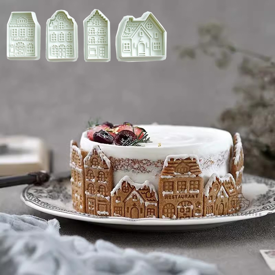 4 ชิ้น/เซ็ตคริสต์มาส Gingerbread House รูปแบบเครื่องตัดคุกกี้บิสกิตแสตมป์ F Ondant เค้กตกแต่งเบเกอรี่อุปกรณ์ครัว Gadgets