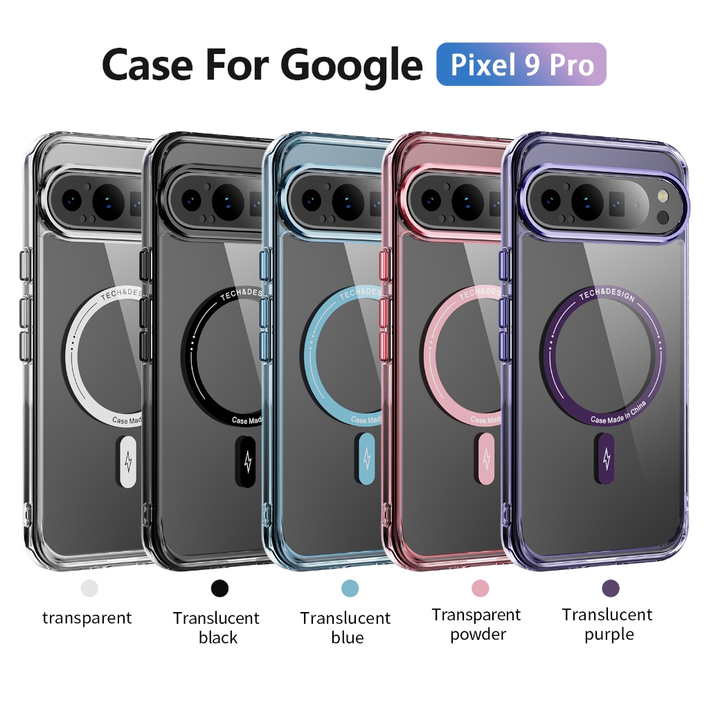 แม่เหล็กใสชาร์จไร้สายเคสโทรศัพท์สําหรับ Google Pixel 8 9 10 11 Pro XL 8A 9A 10A Clear PC + TPU ปุ่มโลหะฝาครอบ