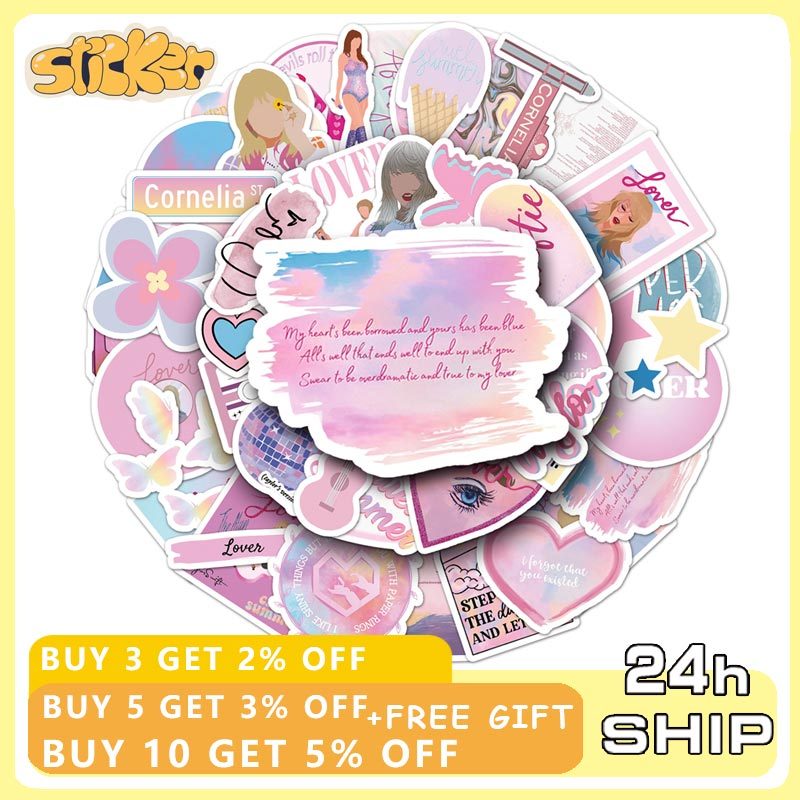 50pcs Taylor Swift สติ๊กเกอร์อัลบั้มสีชมพู LOVER DIY แล็ปท็อปกีตาร์สเก็ตบอร์ดโทรศัพท์ Decals สติกเกอร์ฉลาก
