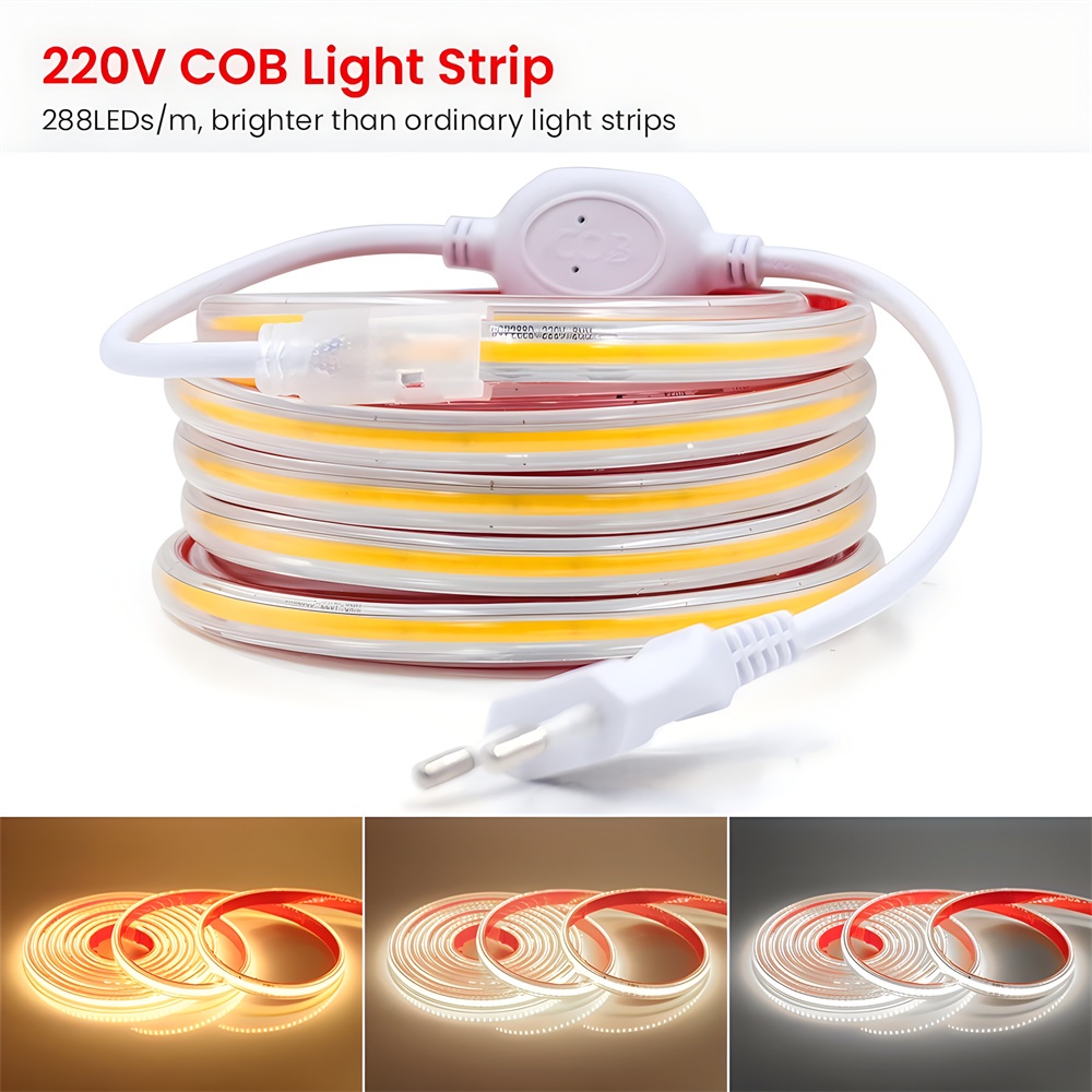 5m COB LED Strip Light 12V 24V 220V ความสว่างสูง FCOB ยืดหยุ่น LED Bar เทปริบบิ้น Linear Dimmable สําหรับห้องตกแต่งสวน