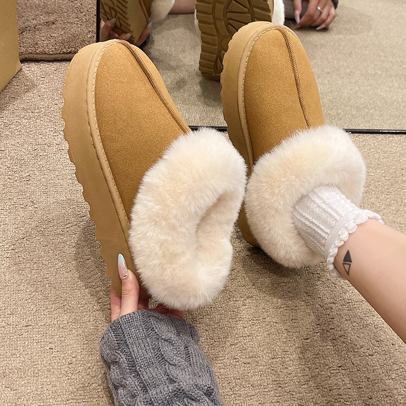 สุภาพสตรีหนา พื้นรองเท้า รองเท้าหิมะ 2026 ฤดูใบไม้ร่วงฤดูหนาวรูปแบบใหม่ขนแกะ-ขนแกะ เก็บอบอุ่นเพิ่มขนสัตว์รองเท้าผ้าฝ้ายสไตล์อังกฤษกันลื่นบ้านสบายๆแบ