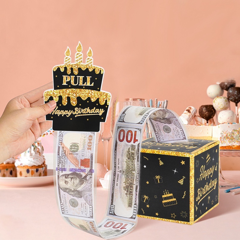 30ชิ้นสีดําทองสุขสันต์วันเกิดกล่องเงินดึงออกเงินสดแปลกใจกล่องด้วยบัตรเค้กของขวัญสําหรับแฟนแต่งงานอุปกรณ์งานเลี้ยงวันเกิดพรรคความต้องการ