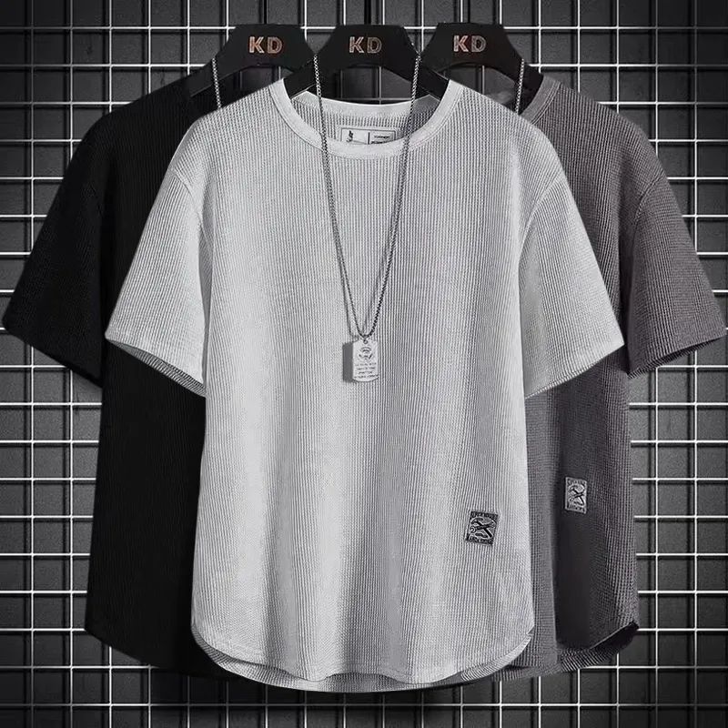 Becoolman-วาฟเฟิลด์ เกรดสูง แบบหลวม ลำลอง เสื้อยืด ชาย ฤดูร้อน แบบบาง แบบบาง แฟชั่น แขนสั้น