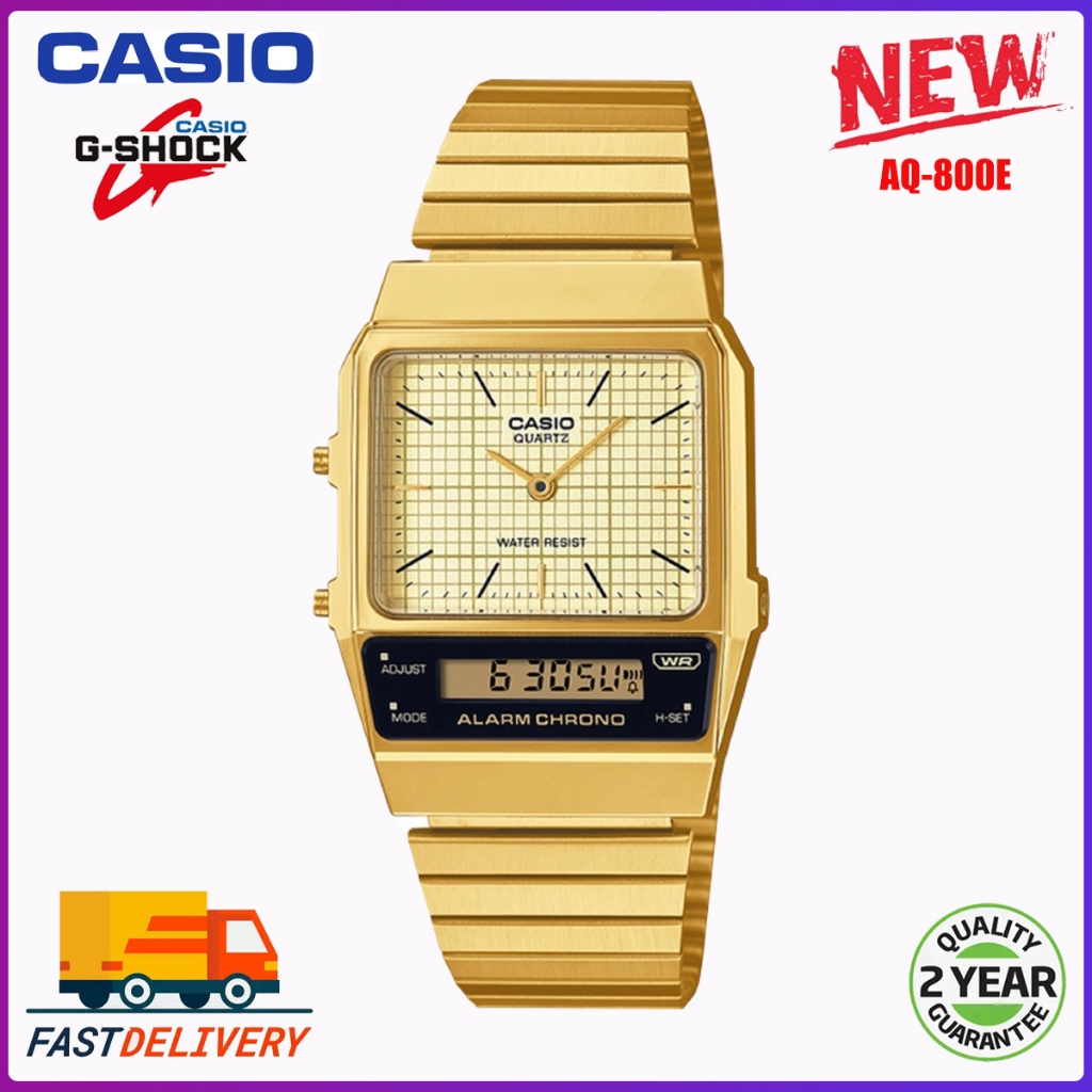 Casio AQ-800EG-9A Digital Analog สายสแตนเลสนาฬิกาแฟชั่นนาฬิกาสี่เหลี่ยมกันน้ํา