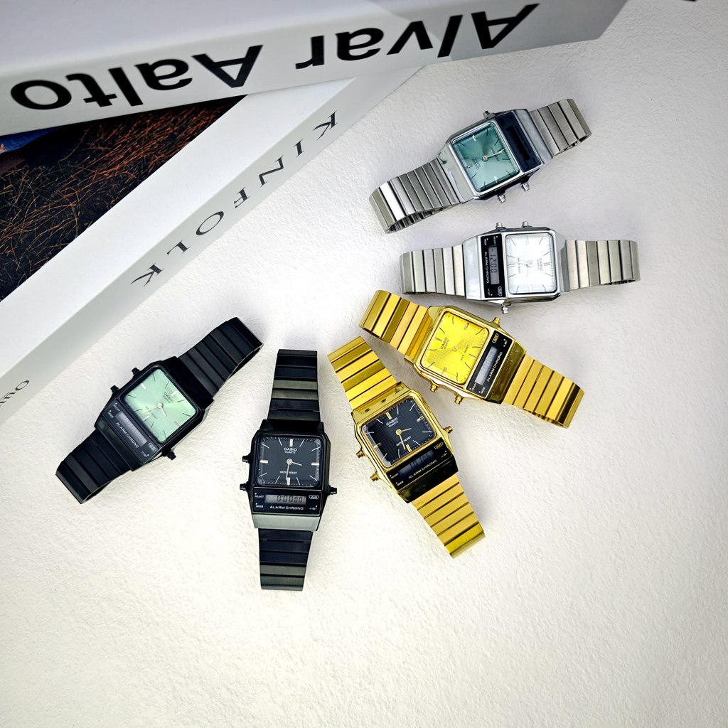 Casio AQ-800EG-9A Digital Analog สายสแตนเลสนาฬิกาแฟชั่นนาฬิกาสี่เหลี่ยมกันน้ํา