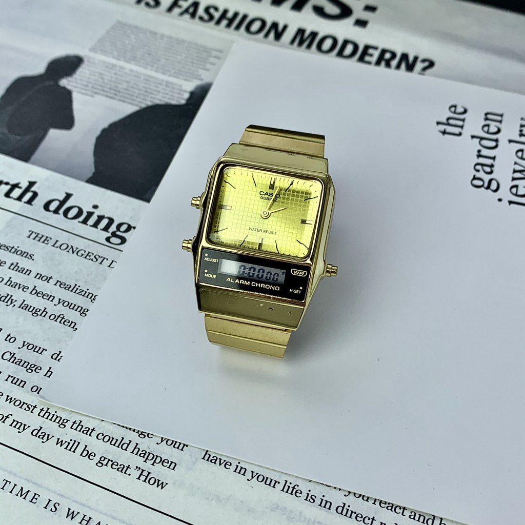 Casio AQ-800EG-9A Digital Analog สายสแตนเลสนาฬิกาแฟชั่นนาฬิกาสี่เหลี่ยมกันน้ํา