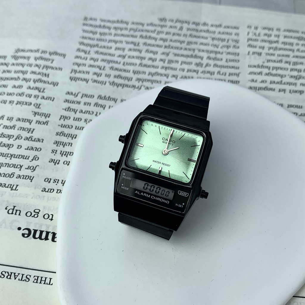 Casio AQ-800EG-9A Digital Analog สายสแตนเลสนาฬิกาแฟชั่นนาฬิกาสี่เหลี่ยมกันน้ํา