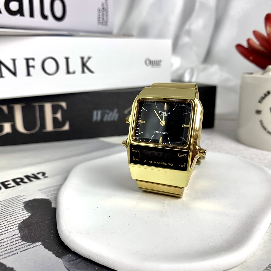 Casio AQ-800EG-9A Digital Analog สายสแตนเลสนาฬิกาแฟชั่นนาฬิกาสี่เหลี่ยมกันน้ํา