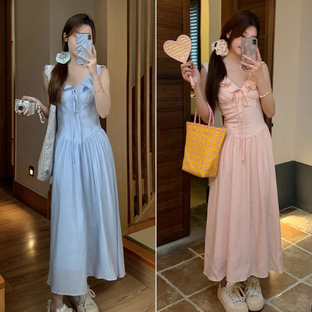 Hotgirl พร้อมส่ง✨ชุดเดรสสีชมพู เดรสยาวคอวีแขนกุด ผ้ายืดสวยๆ กระโปรงยาวฝรั่งเศส รุ่นใหม่ฤดูร้อน ชุดน่ารัก เซ็กซี่