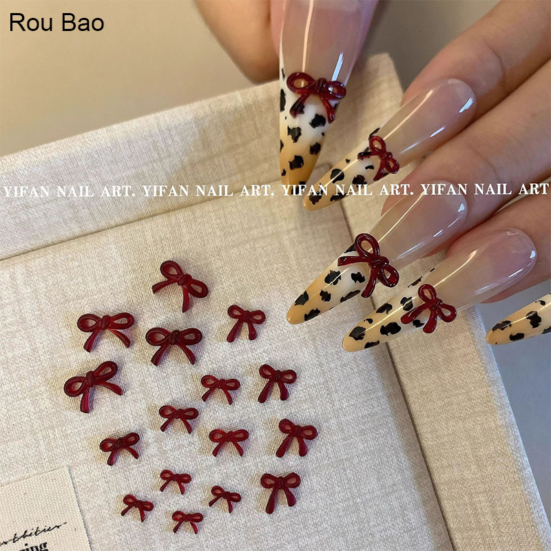 Rou Bao 50 ชิ้นเล็บไวน์ฝรั่งเศสโบว์สีแดง Girly 3D เรซิ่นเล็บ Art DIY Charms ตกแต่ง