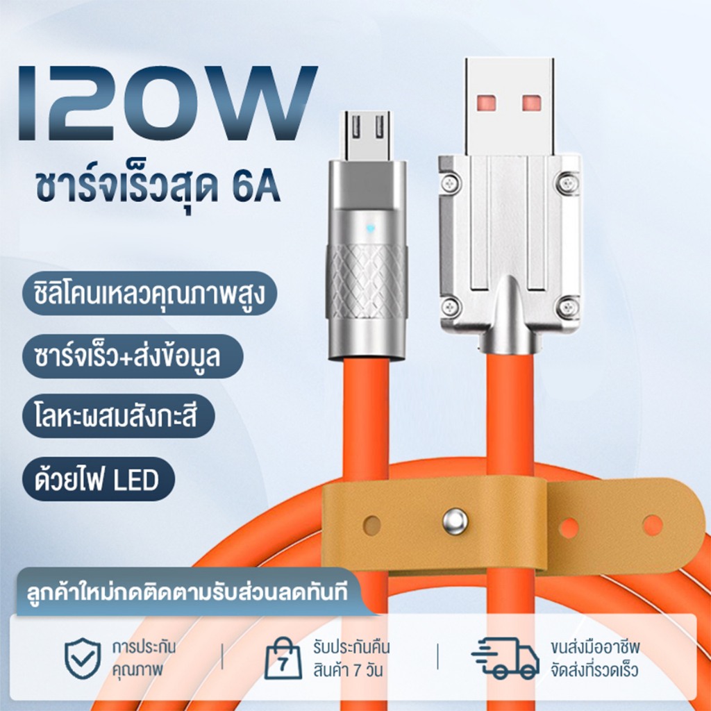 【รับประกัน 1ปี】สายชาร์จ Type C IOS Micro USB 120W 6A ชาร์จเร็วมาก สําหรับ
