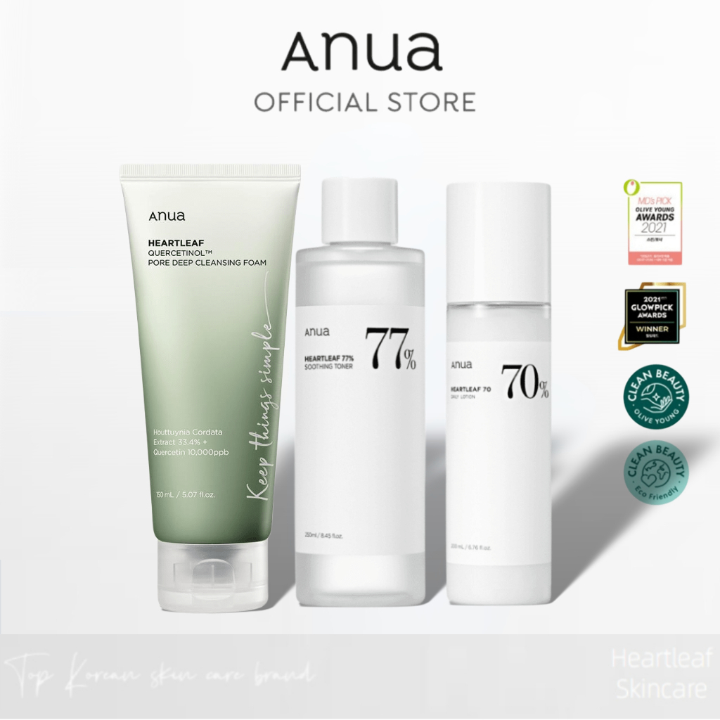 Anua Heartleaf Quercetinol Pore Deep Cleanser Foam (150ml)+Anua Heartleaf 77% Soothing Toner (250ml)+Anua Heartleaf 70 Daily Lotion (200ml)+