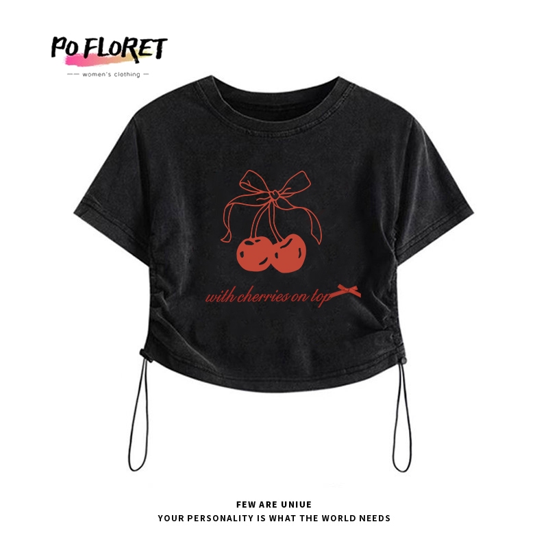 เสื้อครอป baby tee Pofloret ผ้าฟอกวินเทจ รวมลายยอดฮิต มีเชือกรูดที่ด้านข้างปรับได้ #T1989