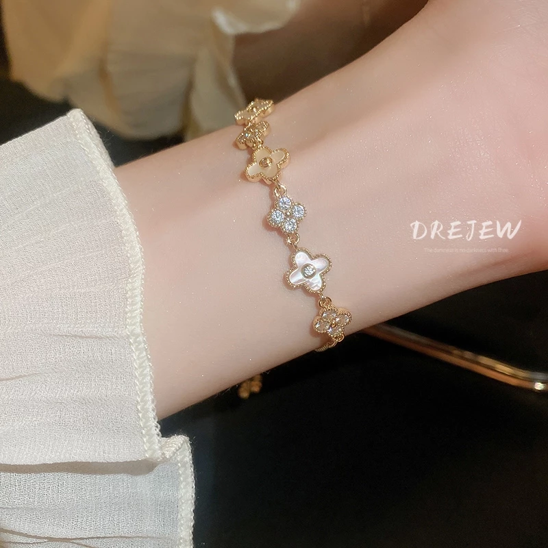 DREJEW เพทายสร้อยข้อมือดอกไม้สี่แฉกโชคดีแฟชั่นแสงหรูหราระดับไฮเอนด์อารมณ์สร้อยข้อมือแบบปรับได้สําหรับผู้หญิง