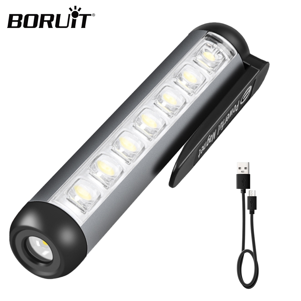 Boruit ไฟฉาย LED แบบพกพาขนาดเล็ก Type-C ชาร์จไฟฉายสว่างเป็นพิเศษพร้อมแม่เหล็กคลิป