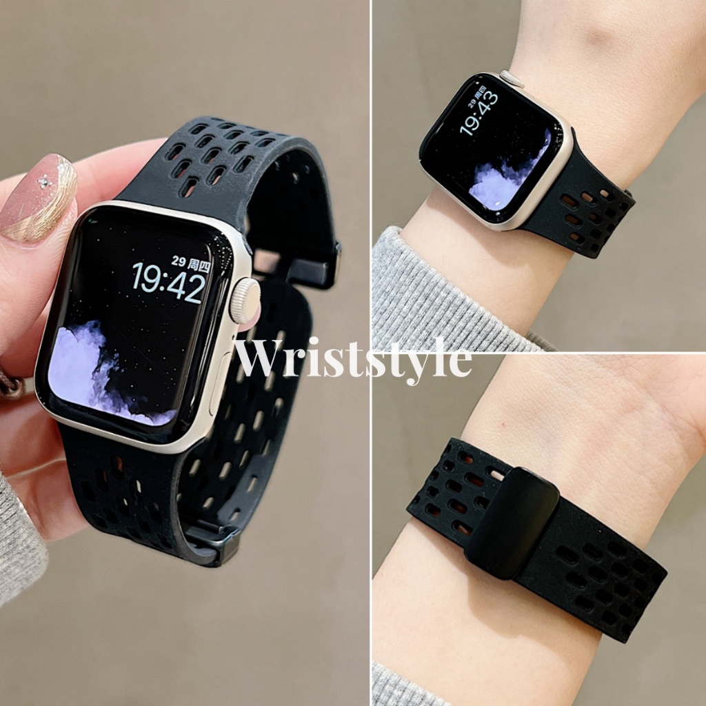 สายนาฬิกาข้อมือ ยางซิลิโคนนิ่ม ระบายอากาศ สีดํา สําหรับ Apple Watch S9 8 7 6 5 4 3 2 1 SE ULTRA iWatch 49 มม. 45 44 42 41 40 38