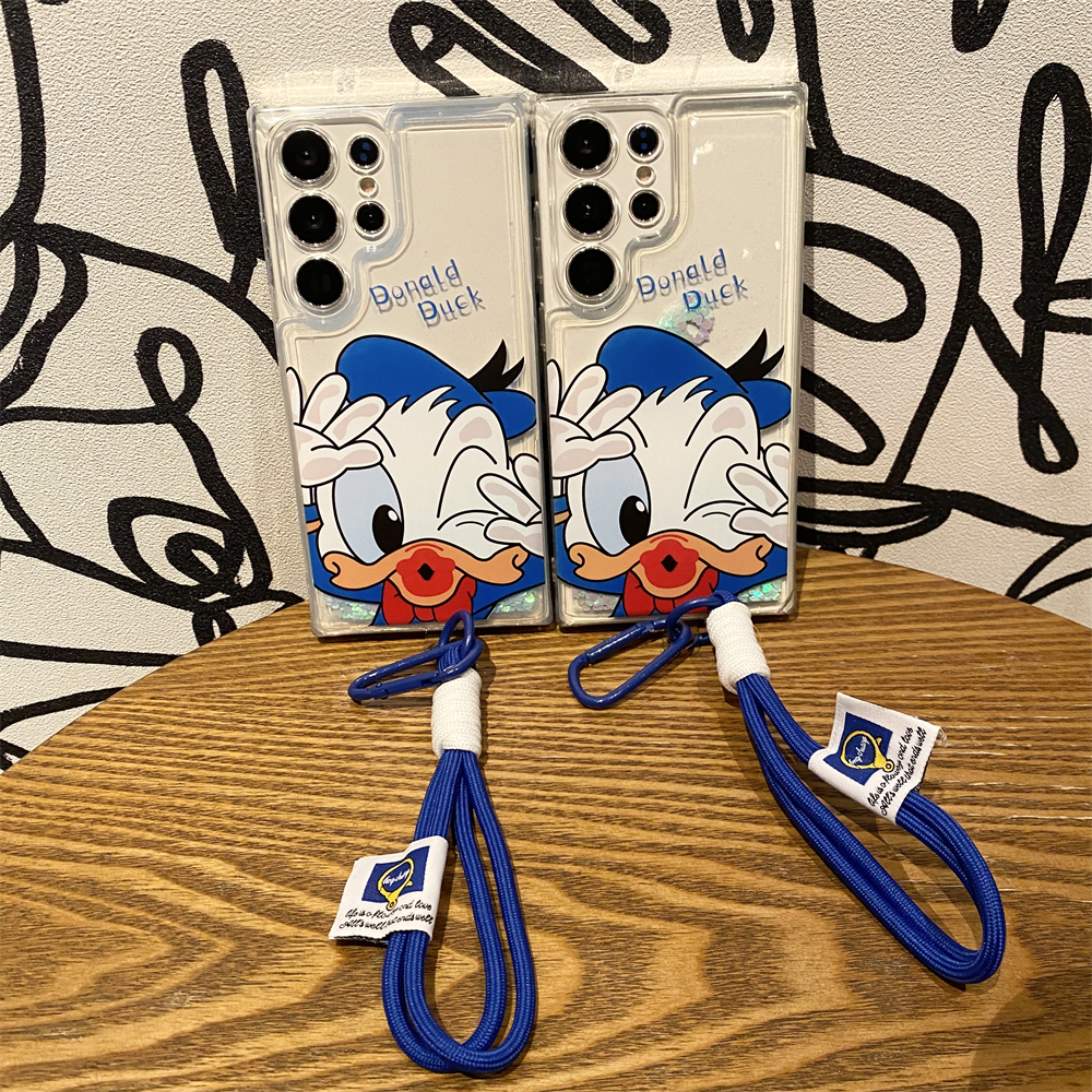 ของเหลว ทรายดูดเคส Disney น่ารัก โดนัลด์ดั๊ก เชือกมือ เคส Samsung Galaxy S24 Ultra S23 S22 Ultra S21 S22 S23 S24 Plus + S23FE Case รูปแบบใหม่ โปร่งใส ป้องกันการตก TPU เคส