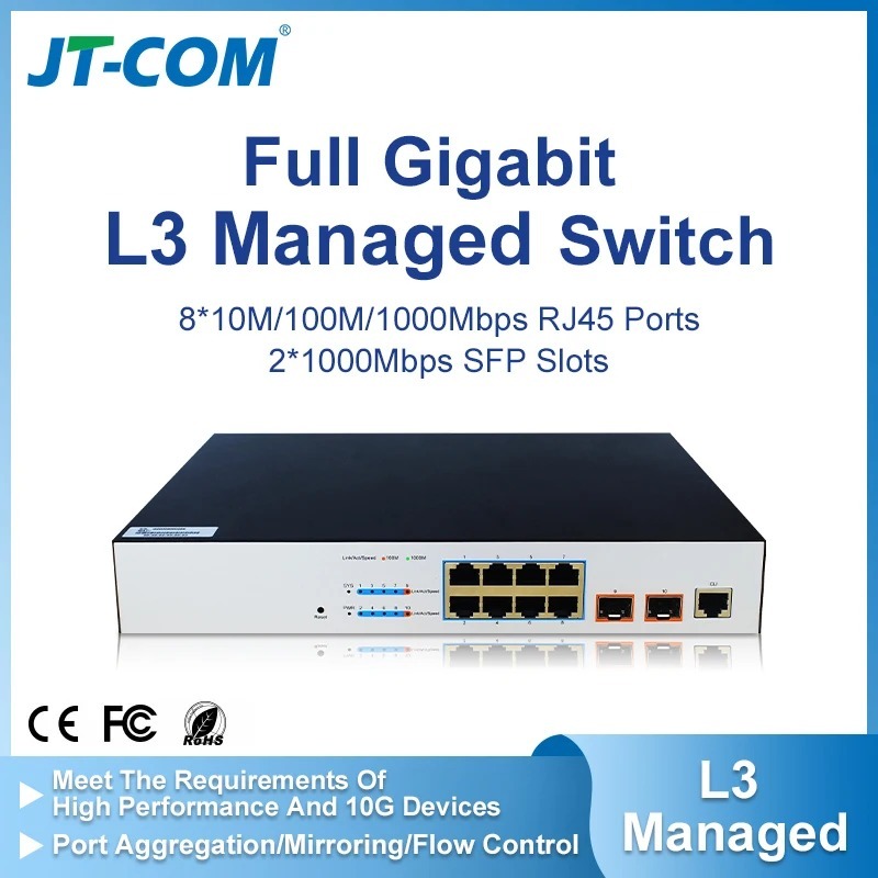 Jt-com สมาร์ทสวิทช์ 8 พอร์ต managed L3 ไฟเบอร์สวิทช์คอนโซลและ 2*1000M SFP พอร์ตสล็อต + 8*100/1000M R