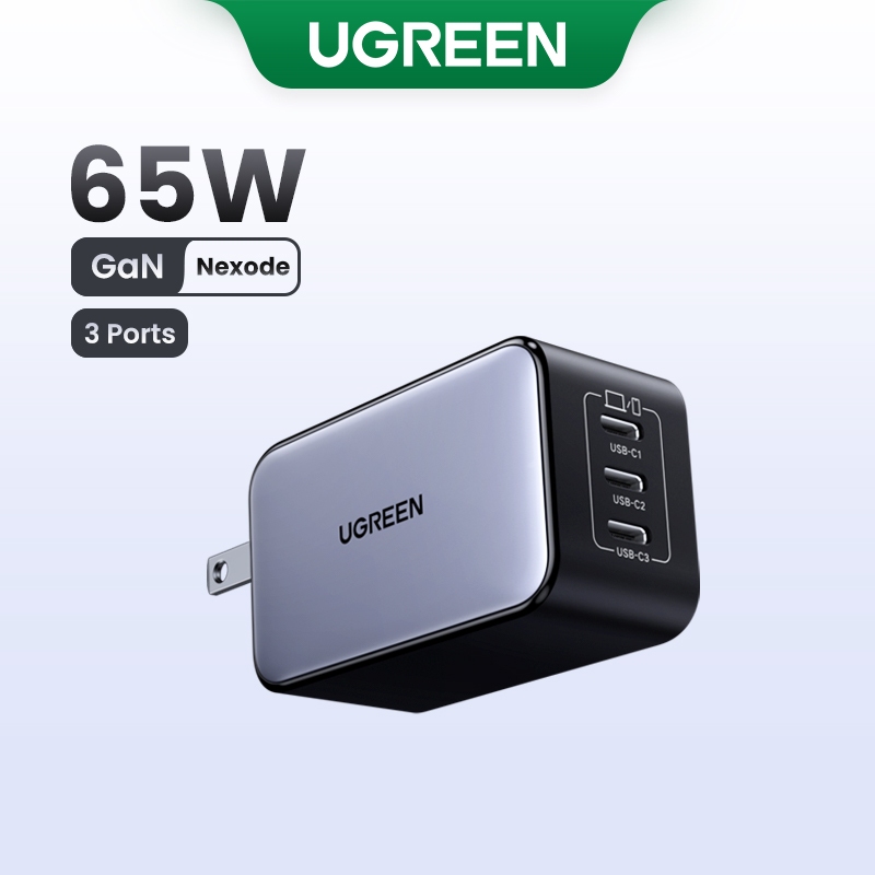 Ugreen เครื่องชาร์จ USB C 65W, Nexode 3 พอร์ต GaN Fast Charger Block, เครื่องชาร์จแบบพับได้ขนาดกะทัดรัดสําหรับ MacBook Pro/Air, Dell XPS, iPhone 15 Pro Max/14/13, iPad Pro, Galaxy S24/S23, Pixel