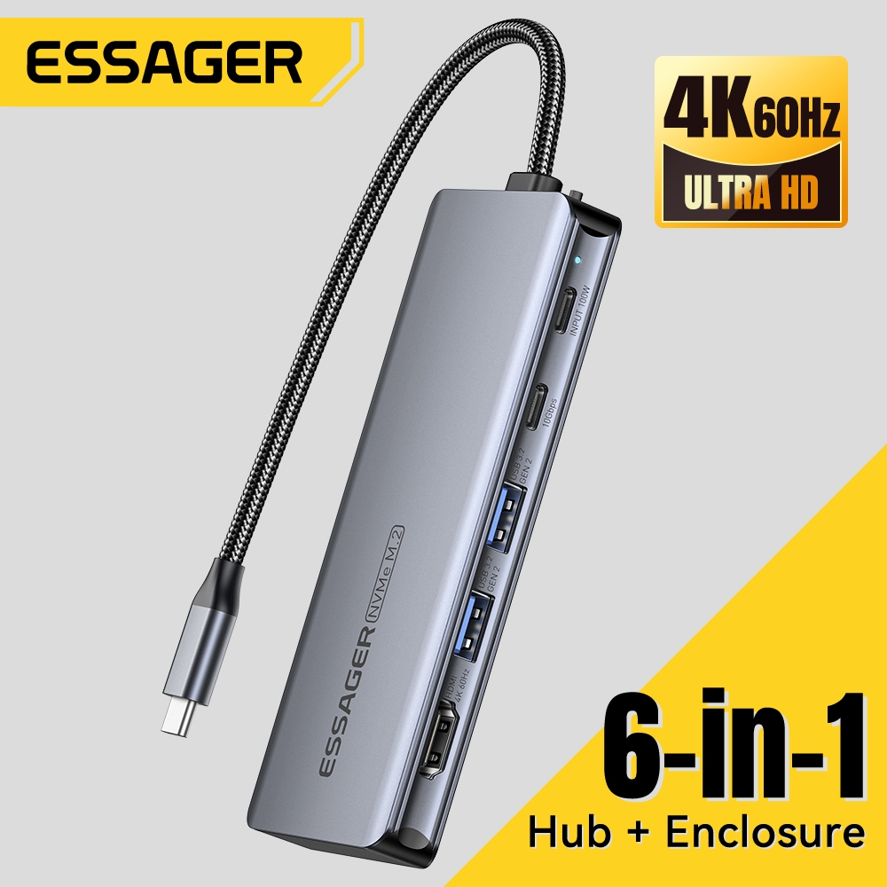 Essager ฮับ Type-in-1/7-in-1 พร้อม SSD แท่นขยายกล่องฮาร์ดไดรฟ์อะแดปเตอร์โน้ตบุ๊คมัลติฟังก์ชั่นขั้วต่อ HDMI