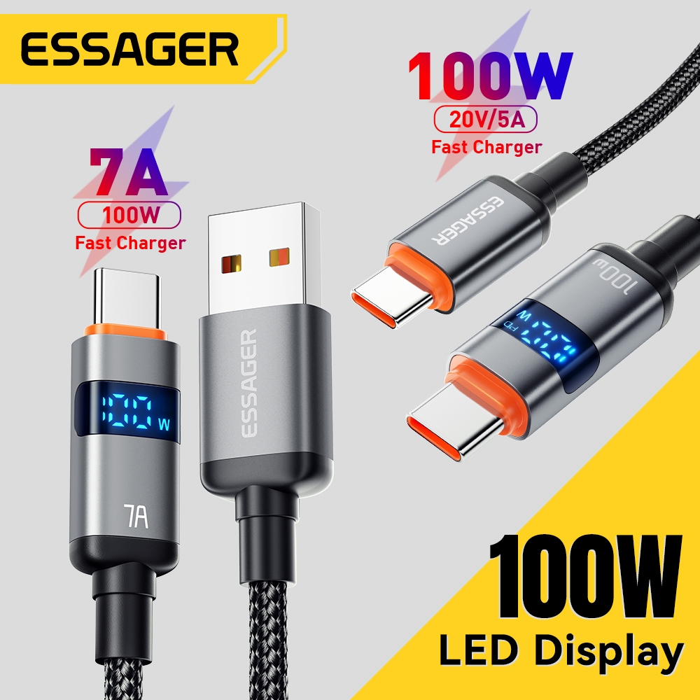 Essager 7A 100W AC/ 5A 100W CC จอแสดงผลดิจิตอล Fast สายชาร์จข้อมูลสีเทา