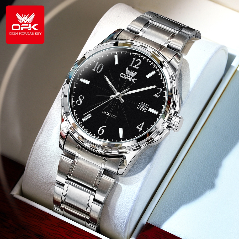 OPK นาฬิกาผู้ชาย กันน้ำ 100% เรืองแสง พร้อมปฏิทิน ตัวเลขโรมัน สายสแตนเลส เข้ากับทุกการแต่งกาย สไตล์ธุรกิจ แฟชั่นสําหรับผู้ชาย นาฬิกาข้อมือ 6031
