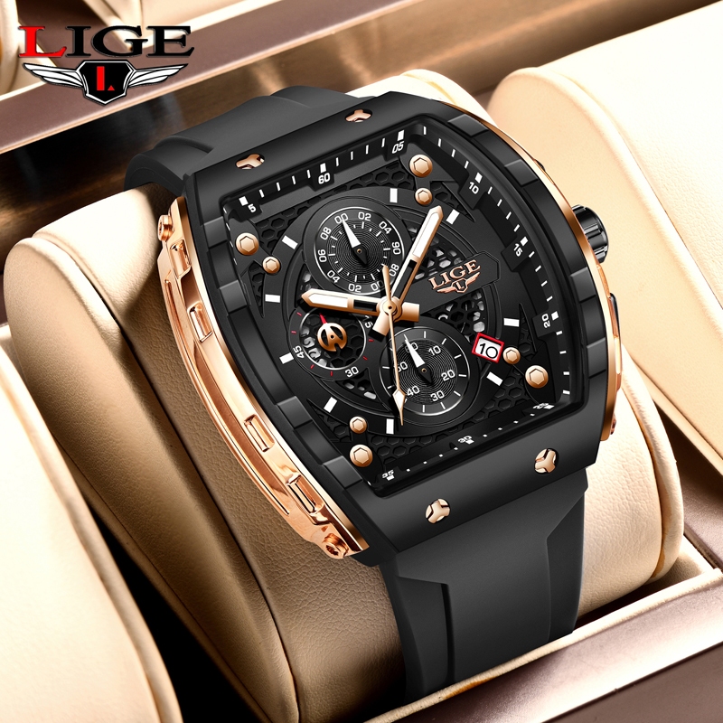 LIGE นาฬิกา Original Men นาฬิกาสปอร์ตกันน้ําสําหรับคู่ปฏิทินซิลิโคน Chronograph Luminous นาฬิกาข้อมือควอตซ์