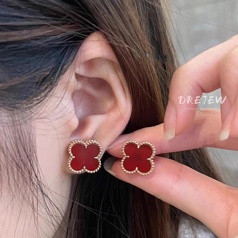 DREJEW เดรช 925 เงินเข็มต่างหูโคลเวอร์สี่ใบสีแดงต่างหูเรียบง่ายต่างหูญี่ปุ่นและเกาหลีแฟชั่นเกาหลีแสงหรูหราอุปกรณ์เสริม