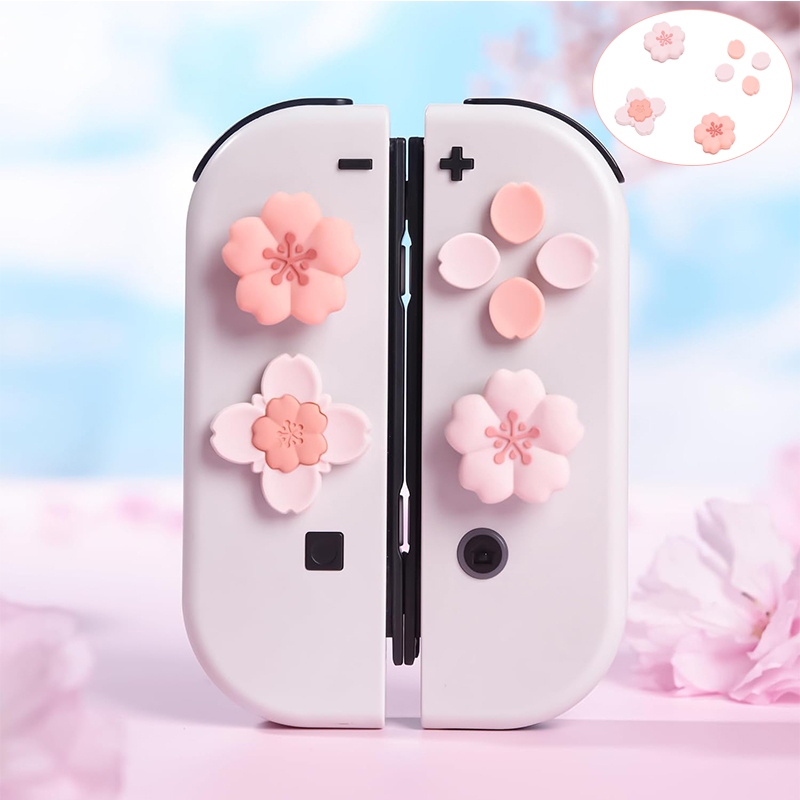 ซิลิโคนข้าม D-Pad ปุ่มชุดฝาครอบจอยสติ๊กน่ารัก - ABXY ปุ่มคีย์สติกเกอร์ใช้งานร่วมกับ Nintendo Switch/OLED Joy Con - Sakura