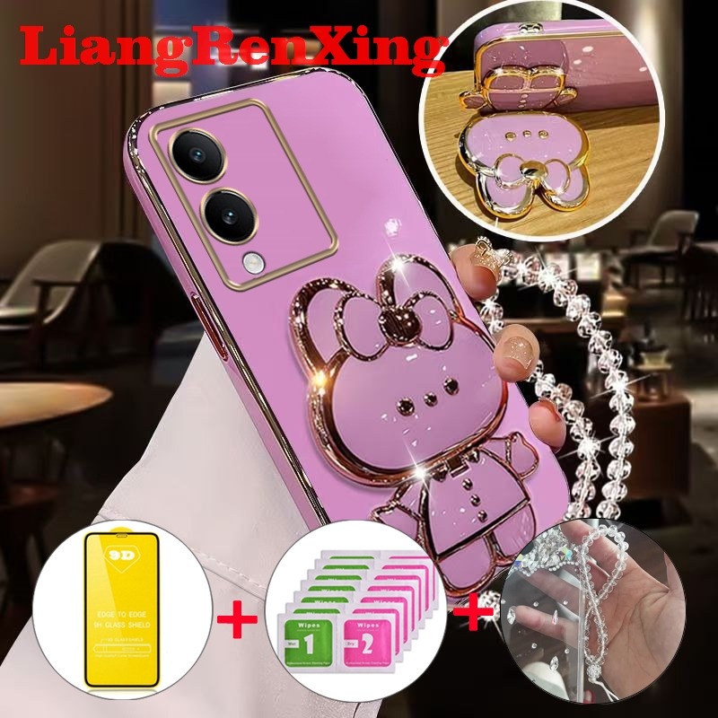 [พร้อมกระจกนิรภัย] เคส ปลอก VIVO Y17S 5G 2023 โทรศัพท์กรณี softcase ซิลิโคนป้องกันเรียบปกการออกแบบใหม่ความงามกับผู้ถือกระต่าย DDMTSL01