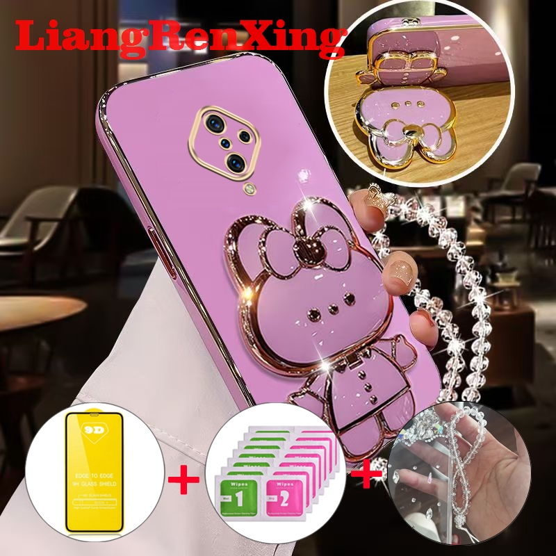 [ด้วยกระจก] เคส ปลอก VIVO S1 Pro VIVO S1 VIVO V19 VIVO V17 โทรศัพท์กรณี softcase ซิลิโคนป้องกันเรียบปกการออกแบบใหม่ความงามกับผู้ถือกระต่าย DDMTSL01